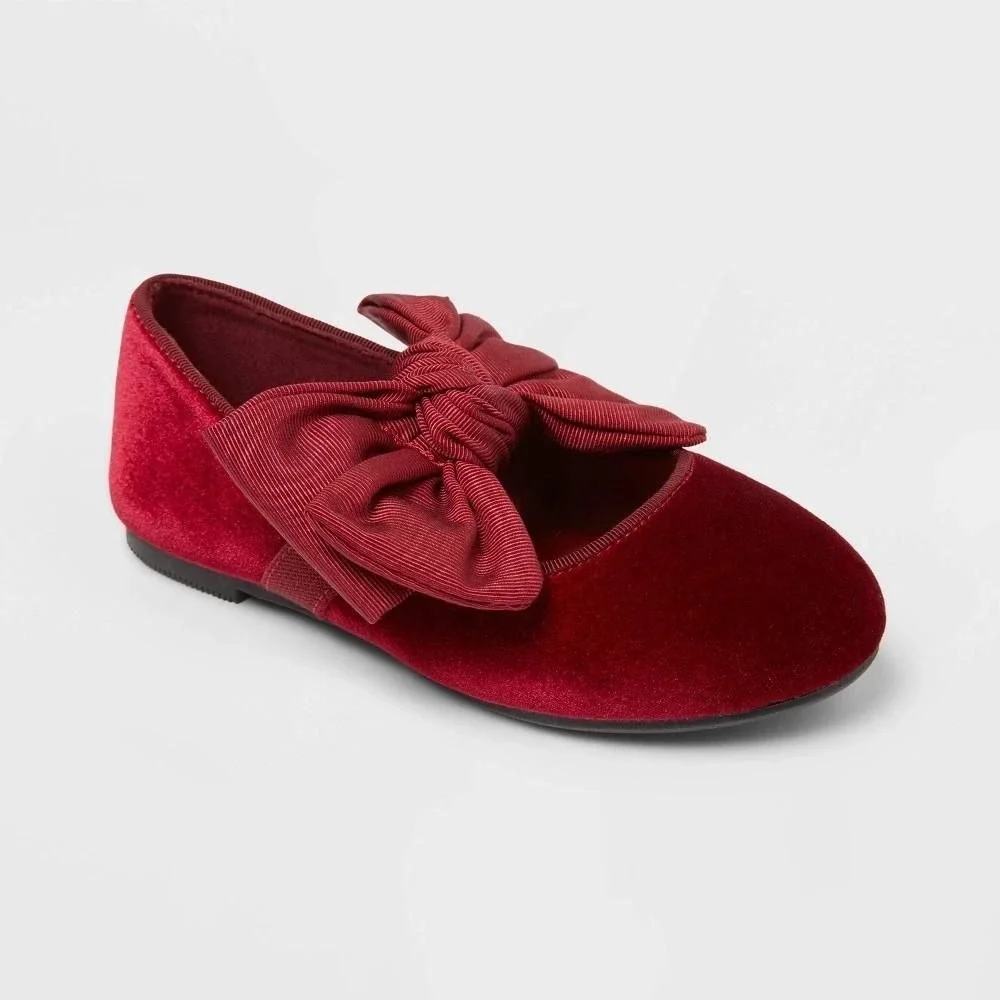 Cat & Jack Toddler Girls Chloe Mary Jane Flats Red Velvet Bow Shoes 6T